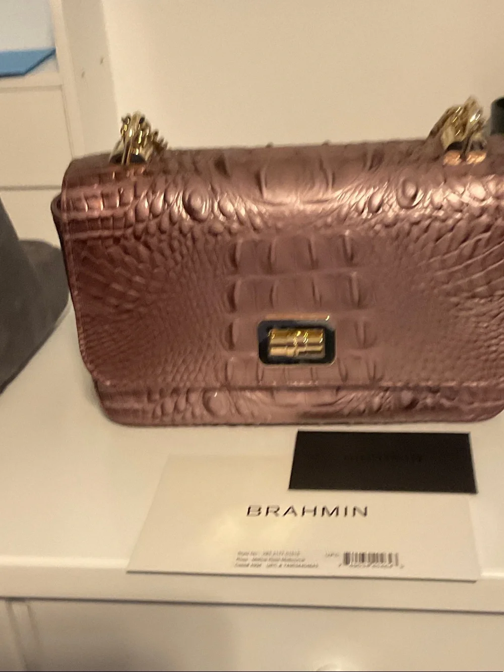 Brahmin Mauve Croc-Embossed Leather Crossbody with Gold Chain